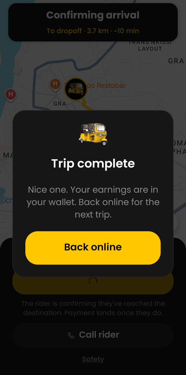 TRY driver trip complete screen, earnings paid to wallet