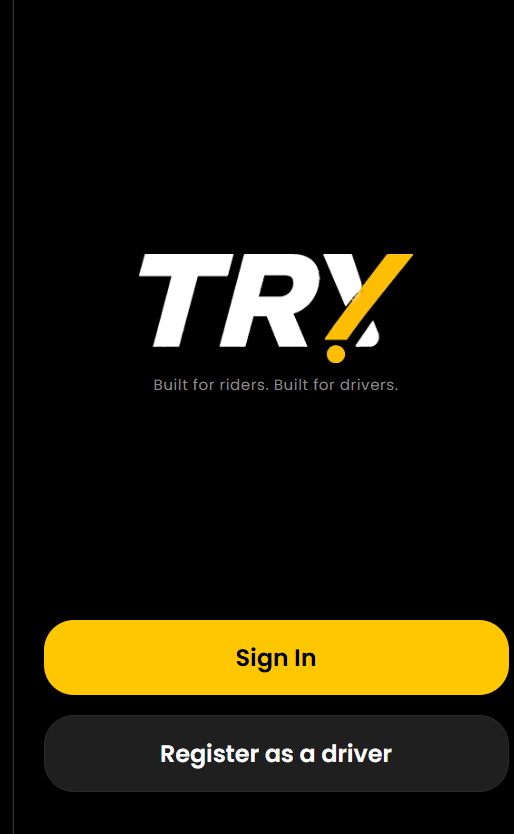 TRY driver app welcome screen