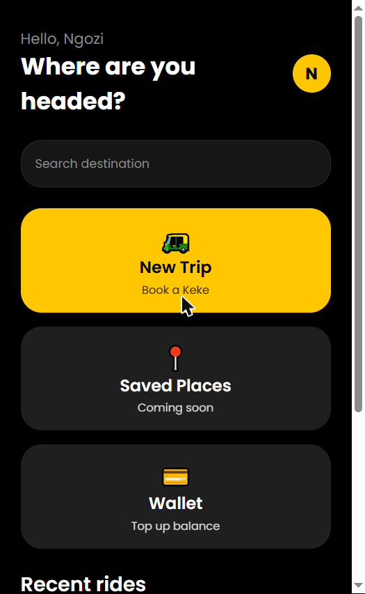 TRY rider app home screen