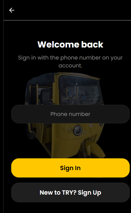 TRY rider app sign-in screen