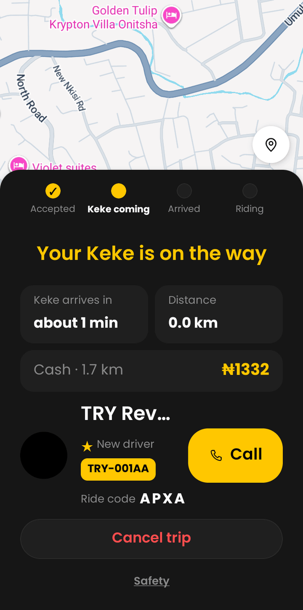 TRY rider tracking a matched Keke on the way, with fare and driver details